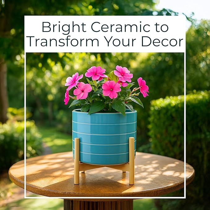 Striped Ceramic Decorative Planter Pot with Stand – Outdoor & Indoor Planter with Stand – Plant Pot for Living Room or Patio – Home Decor, Modern Planters for Indoor Plants – 11", Blue & White