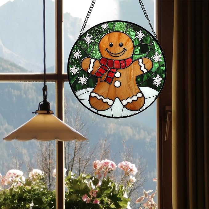 Stained Glass Window Hanging Cute Christmas Gingerbread Man Snowflake 9.8" - Suncatcher Door Garden Sun Catcher Home Decor Birthday for Mom Men Woman Nana Friend