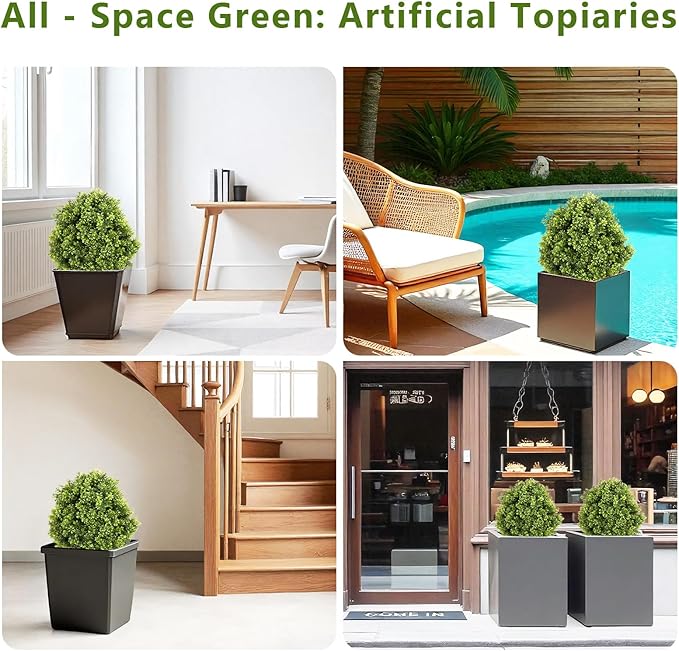 Azoco 27“ Realistic Artificial Boxwood Topiary Trees Set of 2, Faux Plants Outdoor UV-Resistant, Fake Evergreen Bushes & Shrubs for Front Porch Outside Planter Decor