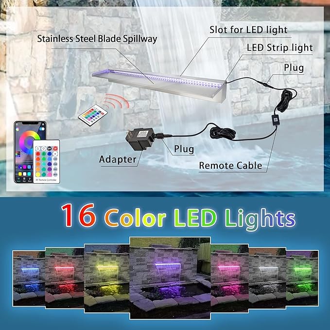 36 Inch APP 304 Stainless Steel Pond Fountains with 16 Color LED Lights, Outdoor Water Patio Waterfall Spillway Kit for Garden Patio, Swimming Pool, Koi Ponds Decoration