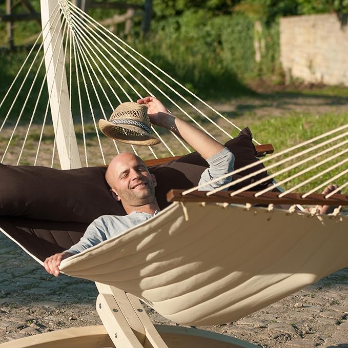 LA SIESTA® Alabama Quilted Hammock with Spreader Bar & TreeMount, Fabric Tree Hammock with Tree Straps for Beams Posts - Weatherproof Outdoor Hammock - 2 Person Double Hammock Bed - XL King, Arabica