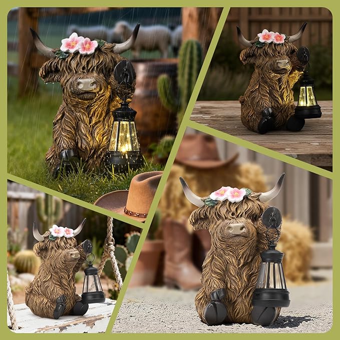 Solar Highland Cow Garden Outdoor Statue,Highland Cow Figurines Sculpture with LED,Farmhouse Decor,Patio Balcony Yard for Pasture & Farm Theme Housewarming Gifts for Women Mom