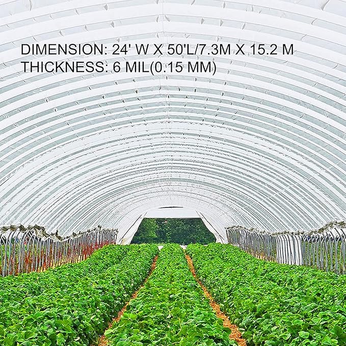 VEVOR Greenhouse Plastic Sheeting 24 x 50 ft, 6 Mil Thickness UV Resistant Clear Polyethylene Film, Hoop Green House Cover for Farms, Agriculture, Garden