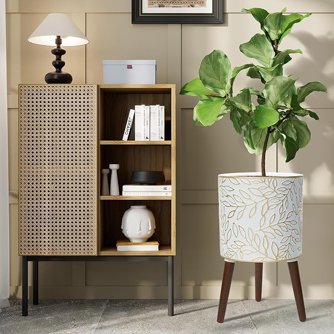 Opnons 12inch Plant Pots with Wood Planter Holder Indoor Flower Pot with Gold Floral Embossed Modern Planters with Drainage Holes for Living Room, Office, Garden or Balcony