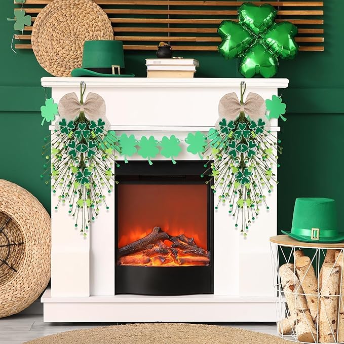 2 PCS St.Patrick's Day Swag Wreath for Front Door St. Patricks Day Teardrop Swags Artificial Felt Shamrock Kitchen Cabinet Swags Wreaths with Green Irish Clover Hanging Decor for Home Wall Window