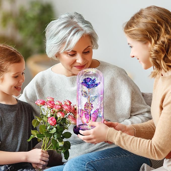 Valentines Day Rose Gifts for Her Women Birthday Gift Galaxy Glass Rose in Glass Dome Forever Eternal Crystal Flowers with Butterfly Valentines Day Gifts for Women Daughter Mom Wife Girlfriend Purple