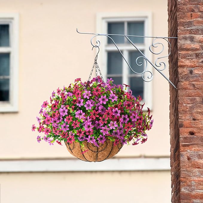 INQCMY Artificial Flowers Hanging Baskets for Outdoors Spring Decor, 12 Bundles Fake Plants Faux Silk Daisy with Eucalyptus Stem UV Resistant for Outside Patio Balcony Garden(Purple Fuchsia)