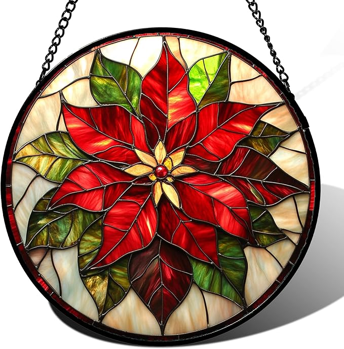 HWRHTR Stained Glass Window Hanging - Red Poinsettia Birth Flowers Suncatcher for Door Garden Yard Sun Catchers Decor Christmas Mother's Day Birthday Gifts for Women Mom Nana Teacher Friend 9.8 in