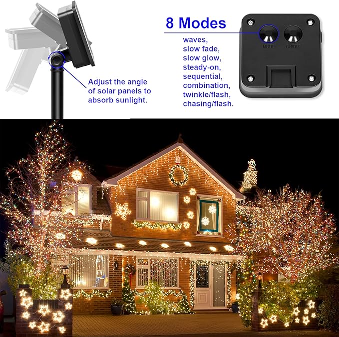 YAOZHOU Solar String Lights for Outside, Fairy Lights Outdoor Waterproof, Warm White 2Pack Total 200LED 66Ft 8 Modes Mini Small Solar Powered Lights for Christmas, Garden, Patio, Fence, Balcony