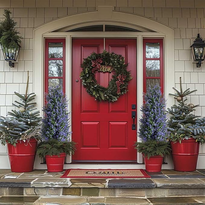Christmas Artificial Lavender Cone Topiary Trees with Spike, 2 Pack UV Resistant & Anti Lodging Artificial Shrubs, 3FT Fake Evergreen Artificial Plant Brush for Indoor Outdoor Front Porch Garde