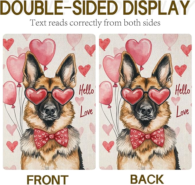 Valentine's Day German Shepherd Hello Love Garden Flag, House Yard Plaid Love Heart Outside Decoration, Spring Holiday Wedding Anniversary Outdoor Small Decor 12x18(12626)