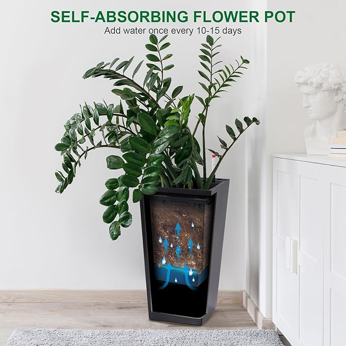 Modern Elegant Flower Pot with Smart Watering System - 23" Tall 2-Pack Large Outdoor Indoor Plant Pots - Convenient Design, Weather-Resistant Durability - Black
