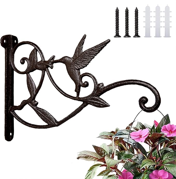 FLORWOD Planter Hooks for Wall, 10 Inch Heavy Duty Outdoor Plant Hangers, Decorative Iron Wall Hooks for Lanterns, Hummingbird Style, 1pc