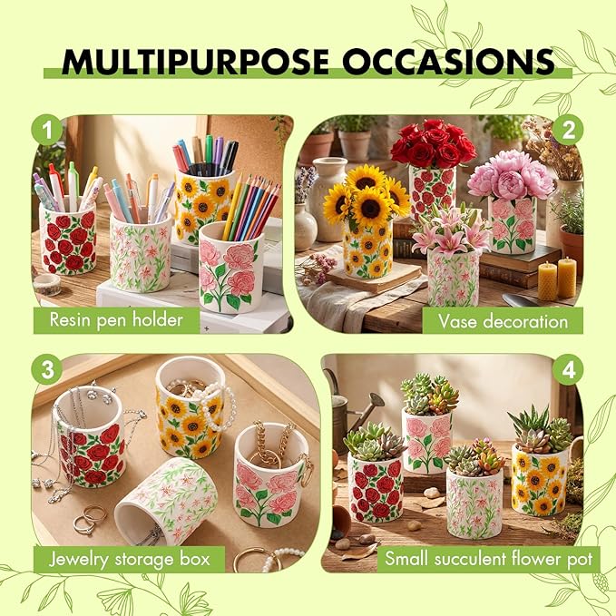 Zubebe 12 Pcs Paint Your Own Flower Ceramic Pots Bulk Unfinished Succulent Pots Painting Kit with Drainage Hole Lily Sunflower Peony Rose Mini Paintable Vase for Spring Valentine Mother DIY Craft