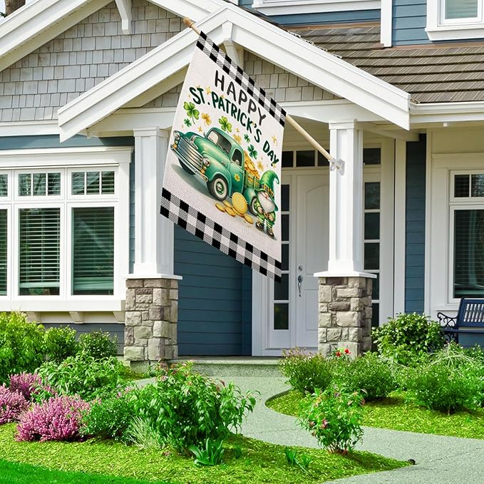 Happy St Patricks Day House Flag 28x40 Inch Double Sided Shamrocks Gnome Truck Buffalo Plaid Outside Large Holiday Flag for Yard Outdoor Decoration