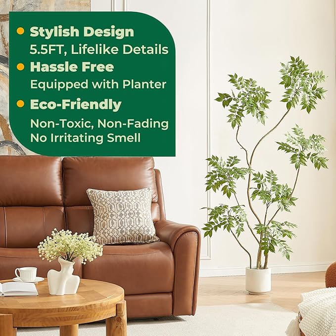 FloraFairy 5.5FT Artificial Sumac Tree with White Pot, Tall Faux Plants Indoor, Large Fake Tree with Nearly Natural Silk Plant (Real Touch), for Home, Office, Living Room, Patio, Lobby Decor