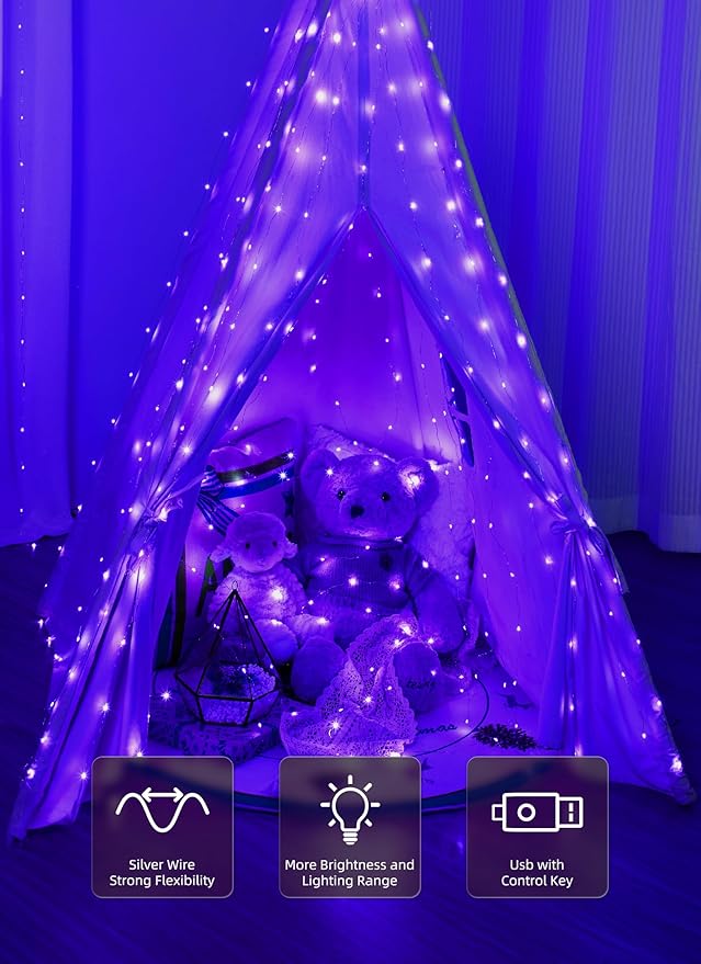 Brightown 300 LED Purple Fairy Curtain Lights, 9.8ft x 9.8ft String Lights, USB Plug in 8 Lighting Modes Christmas String Hanging Lights with Remote for Bedroom Indoor Outdoor Party Xmas Purple 1 Pack