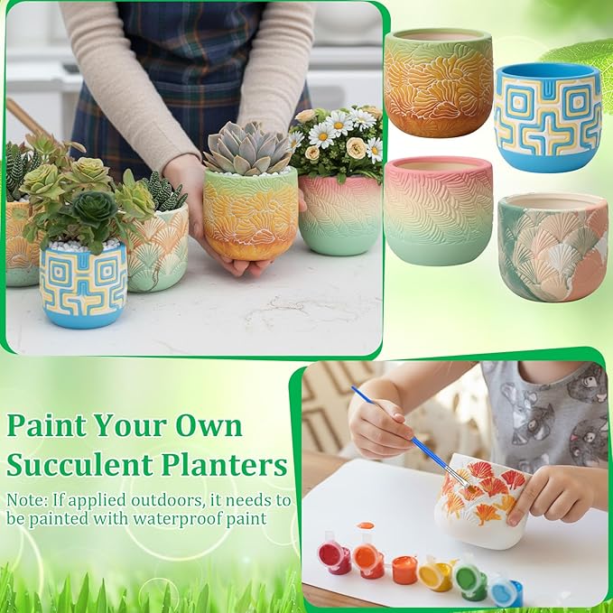Zubebe 12 Pcs Paint Your Own Ceramic Pots Bulk Unfinished Embossed Succulent Pots Craft Kit with Drainage Hole Mini Paintable Plant Vase Ready to Paint Planter for Cactus DIY Craft