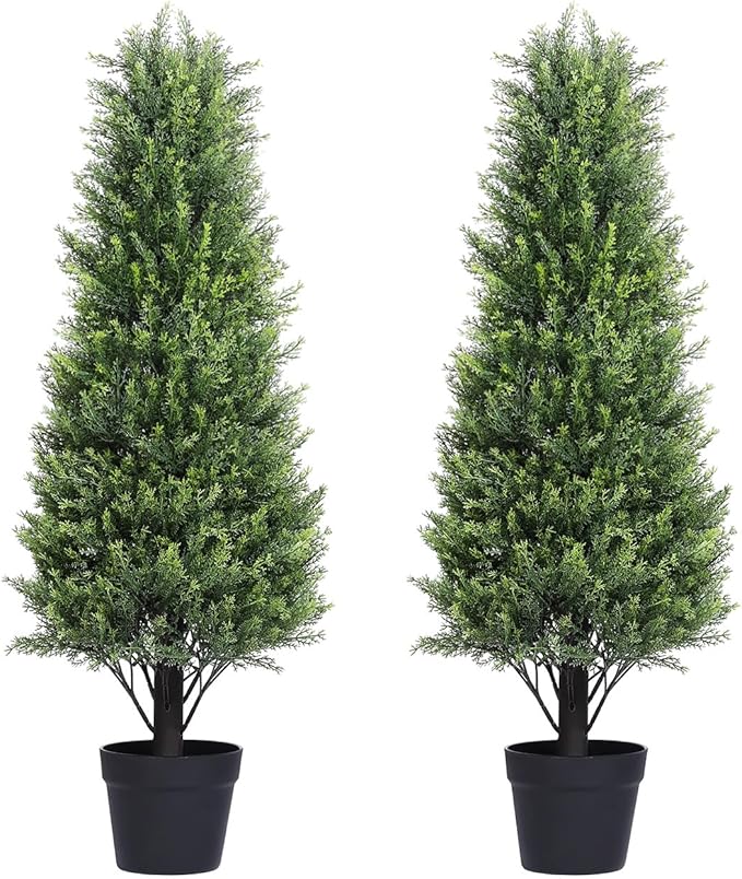 3ft Cedar Topiary Trees Artificial Outdoor Set of 2 Pack, Large Realistic Faux Plants Outdoor, UV Resistant Fake Evergreen Cone Bushes & Shrubs for Front Porch Outside Planter Christmas Decor 3 Foot
