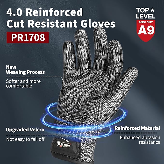 Schwer Ultimate Cut Resistant Gloves Beyond ANSI A9, Reinforced Stainless Steel Glove, Food Grade Mesh Metal Gloves for Butcher Meat Cutting, Oyster Shucking, Mandoline, Non-PFAS, PR1708 (S, 2 PCS)