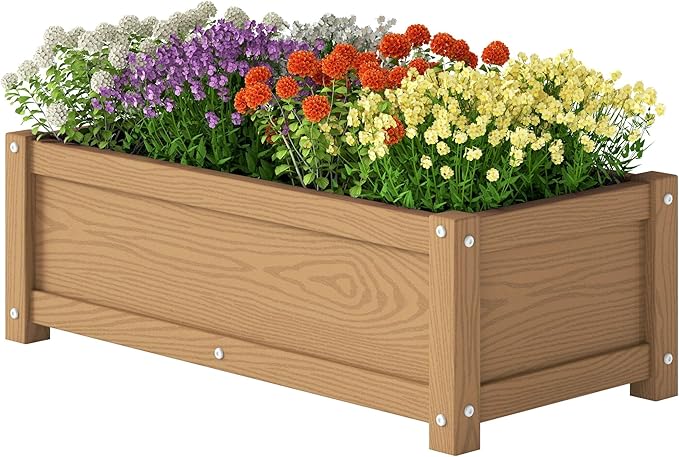 HDPE Planter Box, All-Weather Outdoor Garden Bed Easy to Assemble, Drainage System, Low Maintenance, Non-Fading, for Flower/Herb/Seed (Teak)