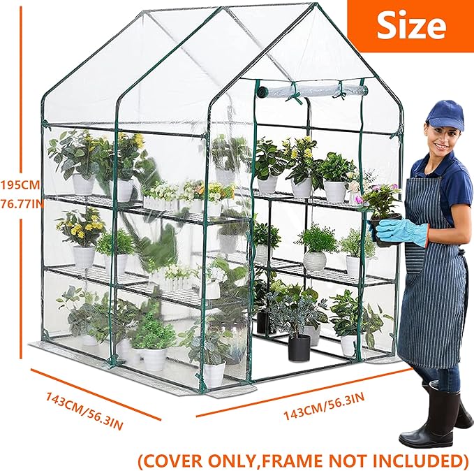 Greenhouse Cover Replacement, 56×56×76 Inches PE Walk-in Greenhouse Cover for Gardening Plants w/Roll-Up Zipper Door, Waterproof Wind Rain Proof Frost Protection , Easy Assembly (No Frames Include)