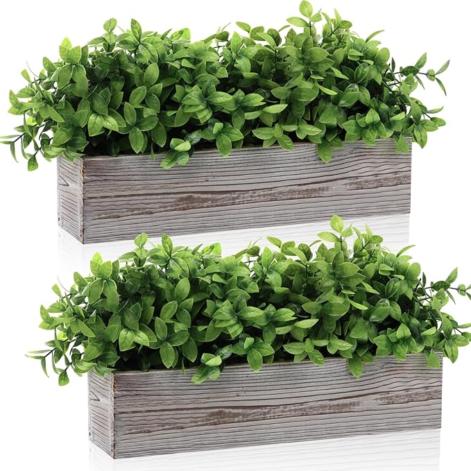 Lyrow 2 Pack Artificial Eucalyptus Plant in Rectangular Rustic Wooden Planter Box Faux Potted Herb Plant Table Centerpiece for Kitchen Windowsill Shelf Decor (White,16 '')