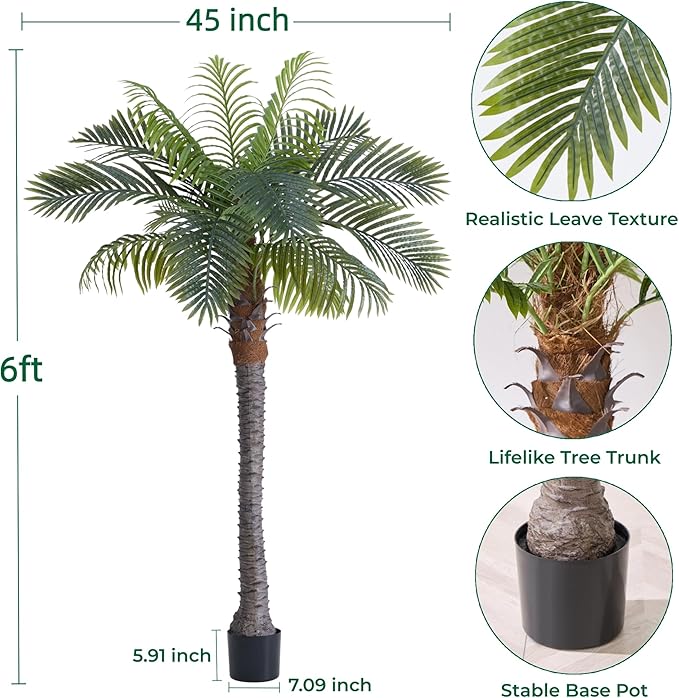 FloraFairy 6FT Artificial Coconut Palm, Faux Coconut Silk Palm Tree, Tropical Fake Trees for Indoor Outdoor, Large Sago Palm Plant for Home Office Garden Patio Poolside, 1 Pack