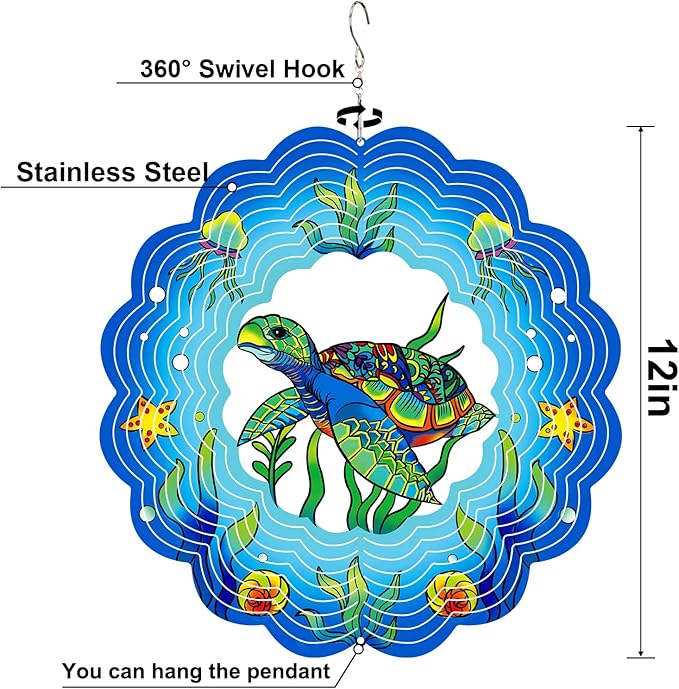 Sea Turtle Wind Spinners Outdoor, Sea Turtle Gifts for Women Mom Grandma Men,12inch 3D Hanging Metal Wind Sculpture for Outside Decor, Birthday for Garden Ornament Decoration