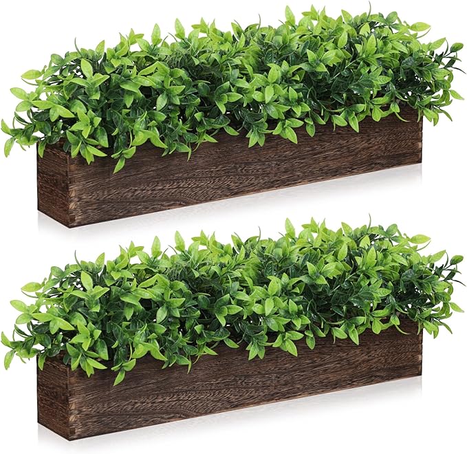 Lyrow 2 Pack Artificial Eucalyptus Plant in Rectangular Rustic Wooden Planter Box Faux Potted Herb Plant Table Centerpiece for Kitchen Windowsill Shelf Decor (Brown,24 '')
