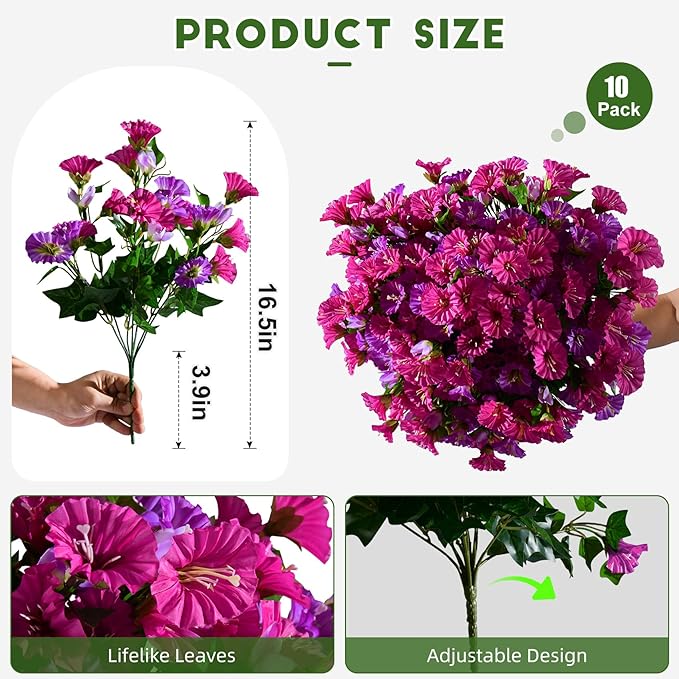 Artificial Morning Glory Flowers Plants for Outdoor 8 Pcs Faux Silk Petunias Flower Realistic Faux Flowers Plants for Outside Planter Porch Yard Patio Balcony Home Indoor Decor (8 Pcs Fuchsia+Purple)