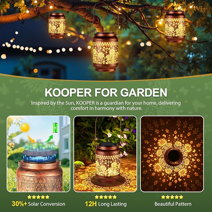 KOOPER Solar Lanterns Outdoor Waterproof Birthday Gifts for Women Mon Grandma, 2 Pack Upgraded Hummingbird Hanging Solar Lantern Lights Outdoor, Metal Outdoor Decoration for Yard, Porch (Sunflower)