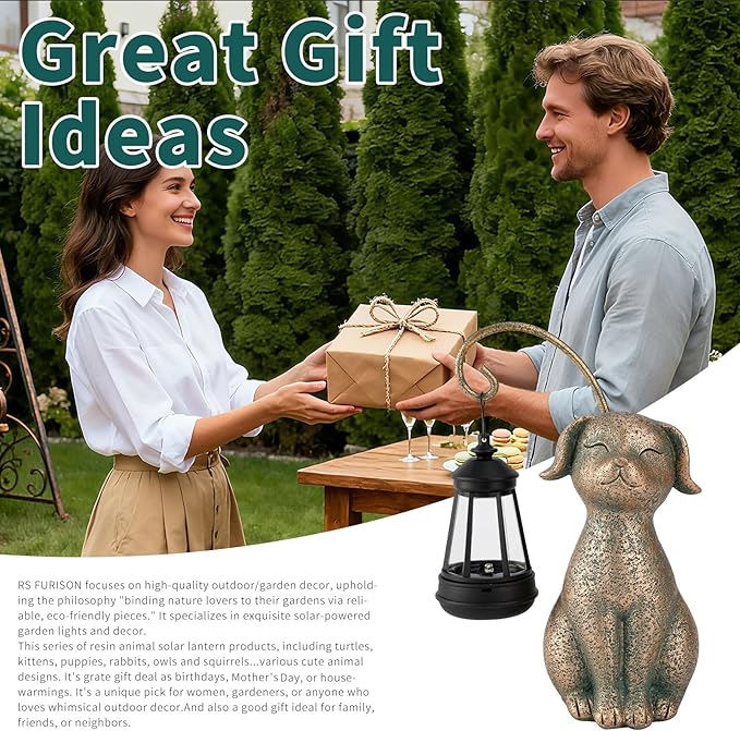 Solar Garden Decor Dog Statues with Lantern,Waterproof Resin Solar Outdoor Statue Decoration for Yard, Lawn, Flower Bed, Backyard, Front Yard, Patio, Balcony – Gift for Dog Lovers