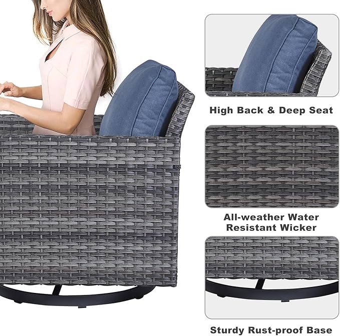 Belord Wicker Patio Furniture 5 Piece Outdoor Sofa Set, Oversize Outdoor Swivel Rocker Chairs with Rattan Ottomans, Conversation Sets Patio Furniture Come with Removable Washable Cushion Blue