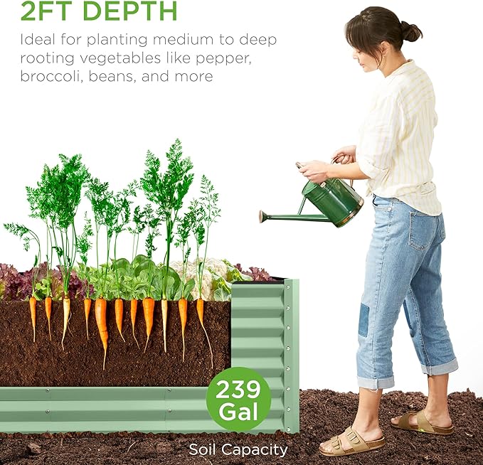 Best Choice Products 8x2x2ft Raised Outdoor Metal Garden Bed, Rectangular Planter Box for Herbs, Flowers, and Deep Root Vegetables w/ 240 Gallon Capacity - Sage Green