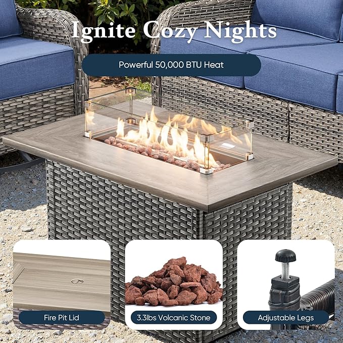 Belord Luxury 6" Thick Cushioned 10 Pieces Patio Furniture Set with Fire Pit Table, Wicker Outdoor Conversation Set with High Back Swivel Rocker Chairs for Deck Porch Yard and Poolside - Grey+Blue