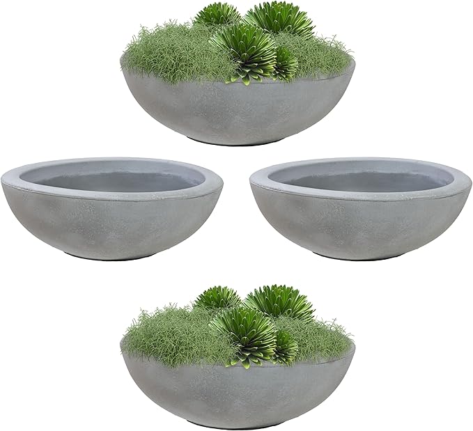 Sunnydaze Percival 20.75" Shallow Outdoor Planter Bowl for Flowers and Succulents - Polyresin Double-Walled Design - Gray - Set of 4