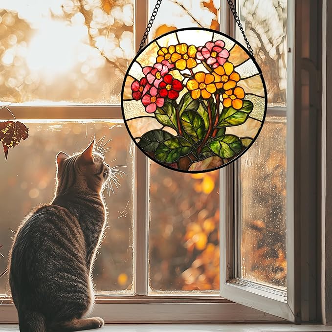 AMDERVEN Stained Glass Window Hanging, Yellow Red Flowers Sun Catcher for Window Door Home Decor Green Plant Suncatcher Christmas Mother's Day Birthday Gifts for Women Men Mom and Nana 6.3 in