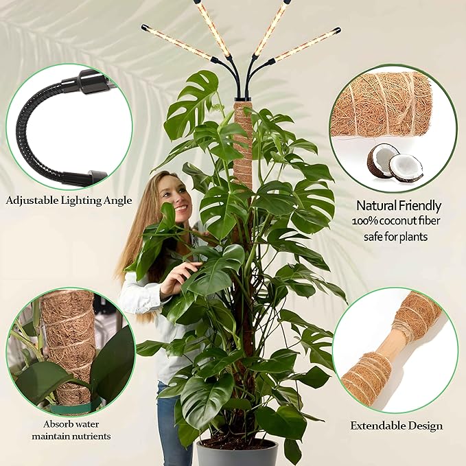 Grow Lights with Moss Pole for Indoor Plants, Full Spectrum LED Plant Light with Auto 3/9/12H Timer, Adjustable Height 15-54", Plant Lights Coco Coir Pole for Monstera, Philodendron, Climbing Plants