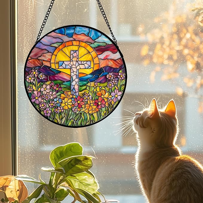 JOSUMALY Stained Glass Window Hanging - Cross Flower Sea Sun Catcher for Door Terrace Garden Home Decor, Mountains Landscape Suncatcher Birthday Gifts for Lovers Women Men Dad Mom Nana 7.8 in