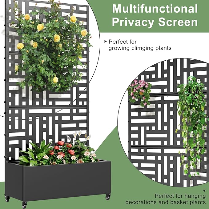 Casaphoria Metal Raised Garden Bed with Trellis and Wheels, 72"x35"x16" Planter Box for Climbing Plants, Vegetables & Vines, Features Drainage Holes and Privacy Screen (Black-Helen)