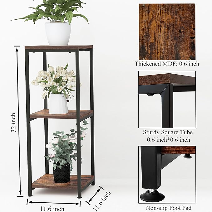 CASIMR Plant Stand for Indoor, Tall Metal Shelf with Square Wooden Board, 3 Tier Display Rack for Multiple Plants, 32 Inch Tiered Flower Pot Holder for Corner Living Room Balcony Garden Patio
