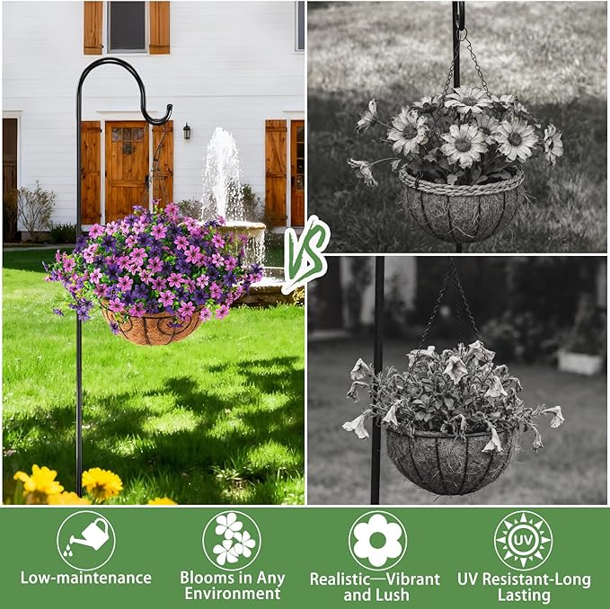 INQCMY Artificial Flowers Hanging Baskets for Outdoors Spring Decor, 12 Bundles Fake Plants Faux Silk Daisy with Eucalyptus Stem UV Resistant for Outside Patio Balcony Garden (Double Purple)