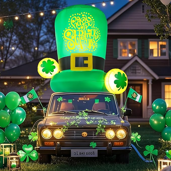 5FT St Patricks Day Inflatables Outdoor Decorations Car Roof Decoration Blow Up Leprechaun Hat Decor with Built-in LED Lights for Vehicle Yard Lawn Garden Outside Indoor Holiday Party