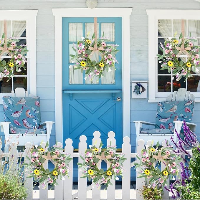 6 Pcs 9" Small Spring Wreath for Kitchen Cabinet Floral Wedding Candle Rings Wreaths Spring Summer Wildflower Wreath with Ribbon for Pillars Front Door Porch Wall Window Farmhouse Party Home Decor