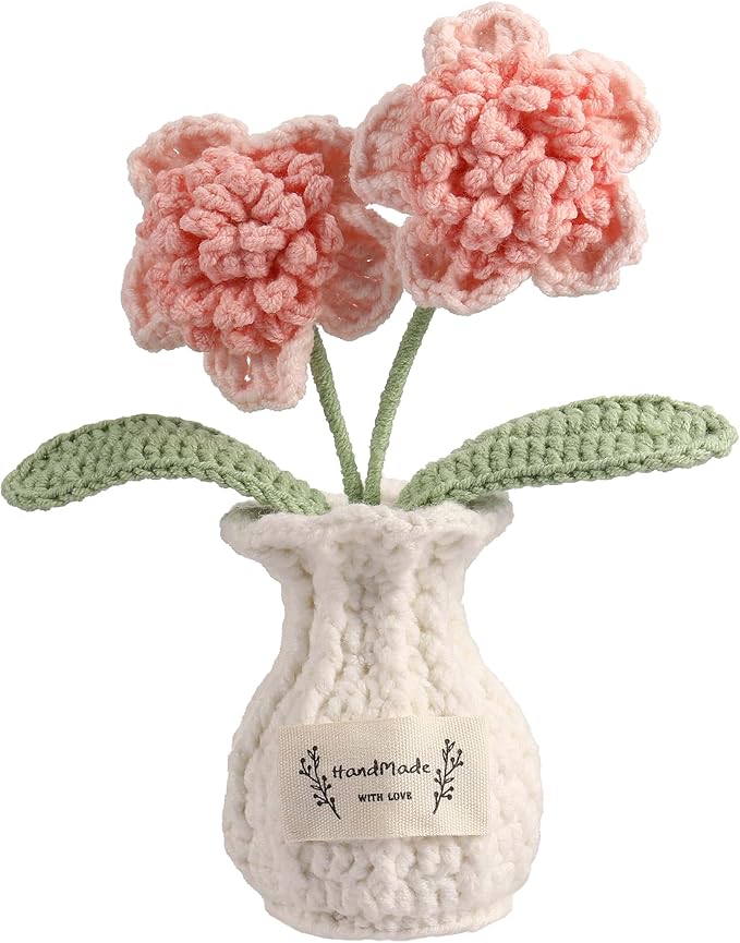 YOOJEE Crochet Paris Polyphylla Flower Pot Handmade Knitted Desk Decor Pink Potted Plant for Home Office