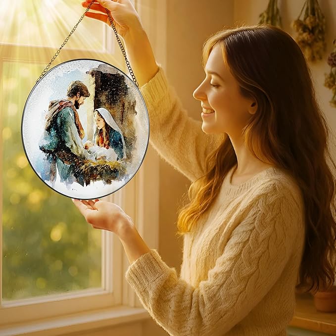 Stained Glass Suncatcher, Sun Catcher Window Indoor, Religious Ornament; Stained Glass Window Hanging, Nativity Scene Christmas Decor, Christian Home Decor; Christian Gifts, Religious Gifts