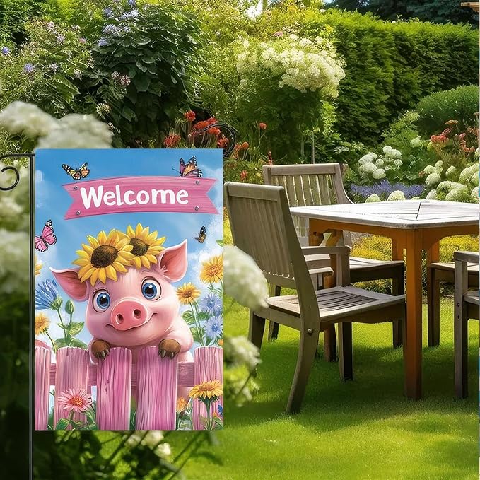 Spring Garden Flag 12x18 Inch Double Sided Outdoor Decoration Flags Welcome Pig with Sunflowers Colorful Floral and Butterflies Yard Banner for Spring or Summer