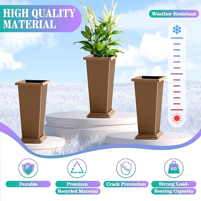 TUYOHW 24 Inch Tall Tapered Square Planters (Set of 2) - Indoor Outdoor Large Flower Pots with Built-in Drainage & Matching Water Tray for Patio, Garden, Home - Brown