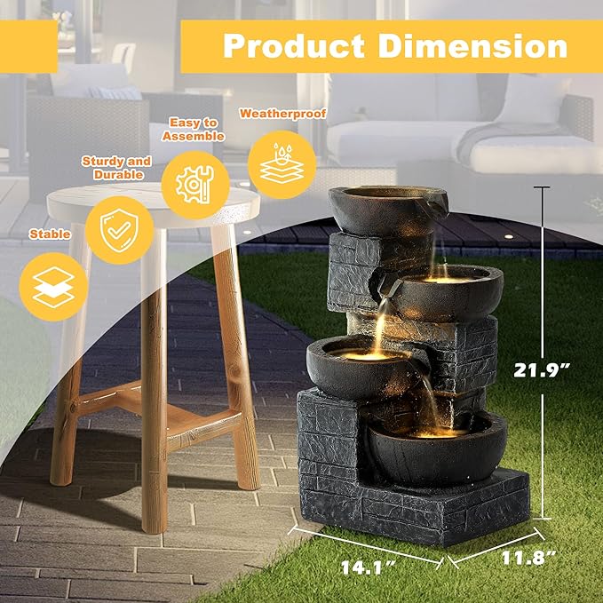 MAGIC UNION Outdoor Water Fountain, 4 Tiers Cascading Bowls Waterfall Indoor Fountain Garden Decor w/LED Lights, Outside Patio Resin Stacked Stones Fountains for Yard, Deck and Porch (Brown)